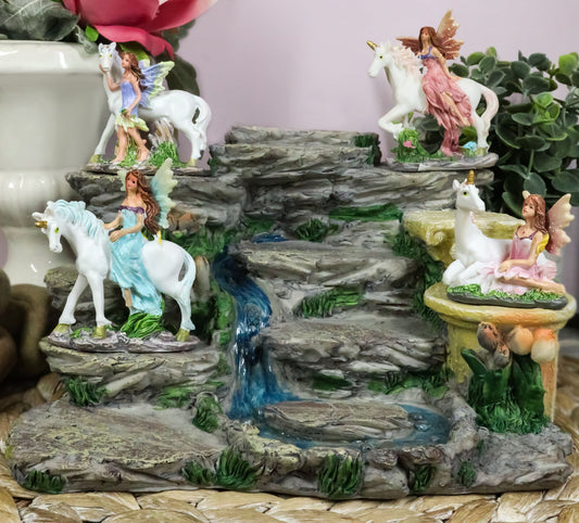Miniature Fairies & Unicorns With Mountain Waterfall of Youth Display Figurine