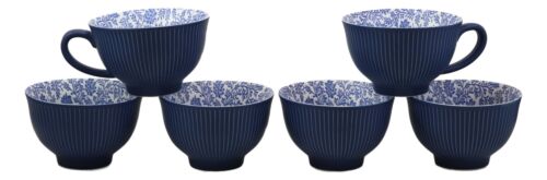 Blue Vintage Victorian Dahlia Vines Design Large Porcelain Mug 19oz 5.25"D Set 6