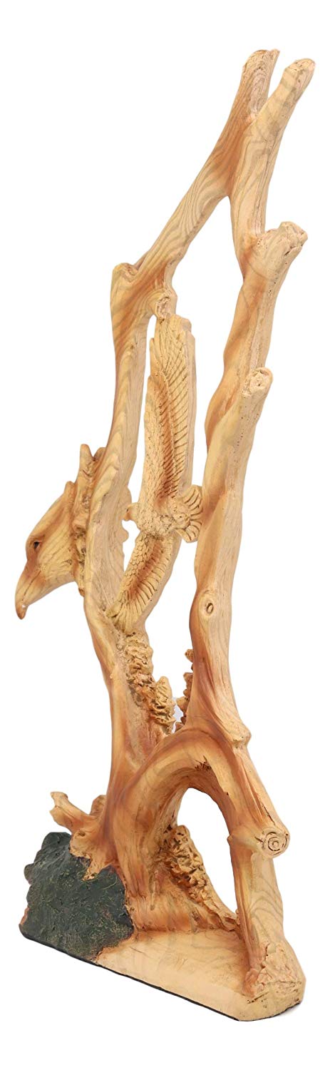 Ebros Rustic Faux Wood Carving Design Wildlife American Bald Eagle Landing Statue Wings of Glory Eagles As USA Patriotic Decor Sculpture for 4th of July Independence Day Figurine
