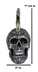 Silver Mohawk Purple Punk Haired Skull In Tooled Peacock Feathers Tattoo Statue