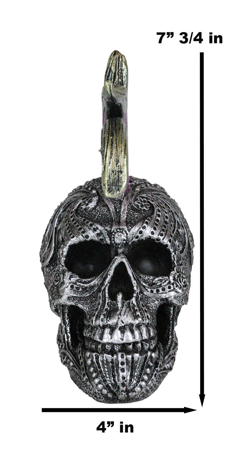 Silver Mohawk Purple Punk Haired Skull In Tooled Peacock Feathers Tattoo Statue
