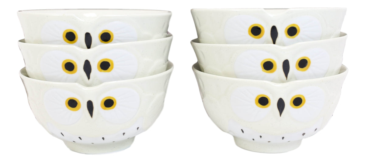 Pack Of 6 White Whimsical Big Eyed Owls Rice Soup Appetizer Sauce Bowls 14oz