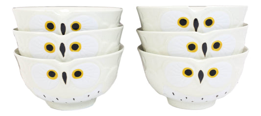 Pack Of 6 White Whimsical Big Eyed Owls Rice Soup Appetizer Sauce Bowls 14oz
