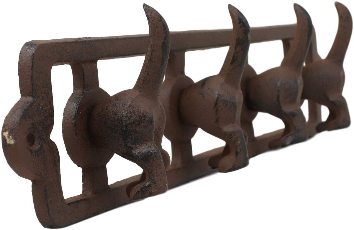 Ebros Cast Iron Whimsical Rustic Wagging Puppy Dog Tails 4 Pegs Quad Wall Hooks 13.75" Wide Hanger Dogs Themed Wall Mount Leash Coat Hat Keys Hook Decor Hanging Sculpture Plaque