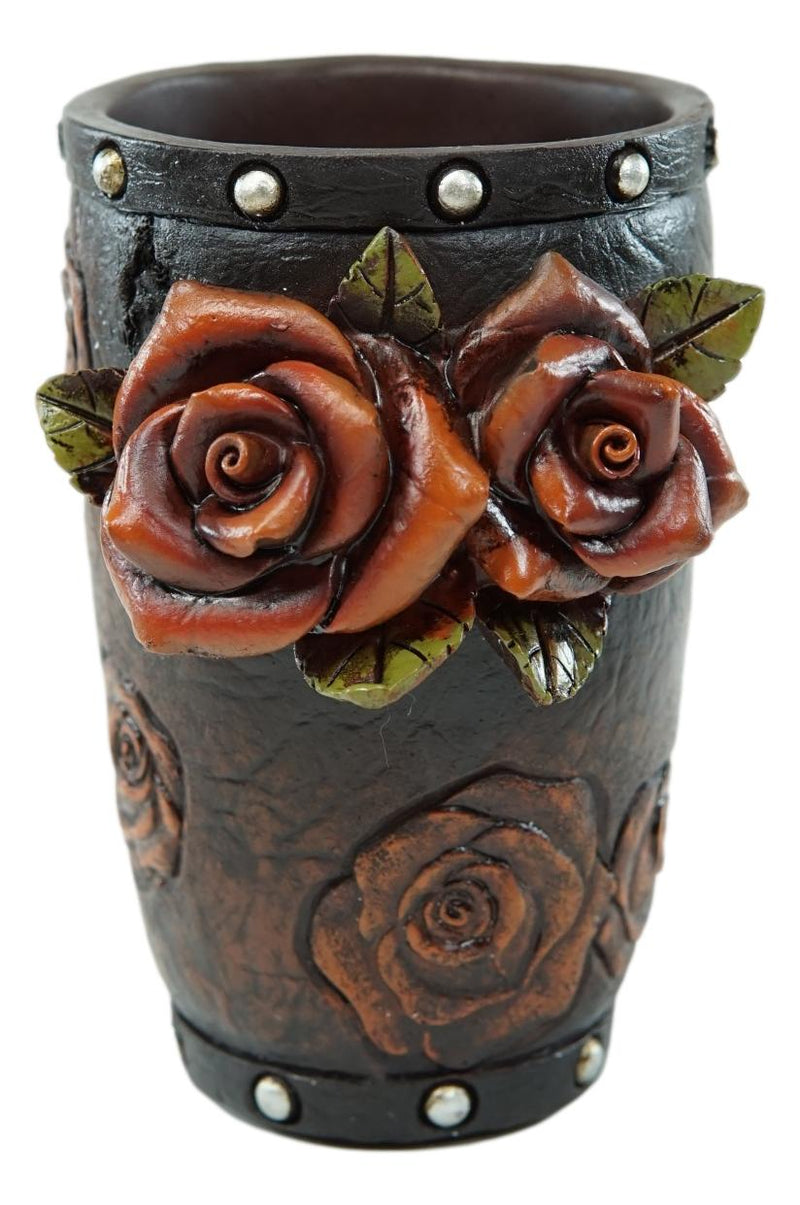 Rustic Western Faux Leather 3D Roses Tumbler Cup Soap Dish Toothbrush Holder Set