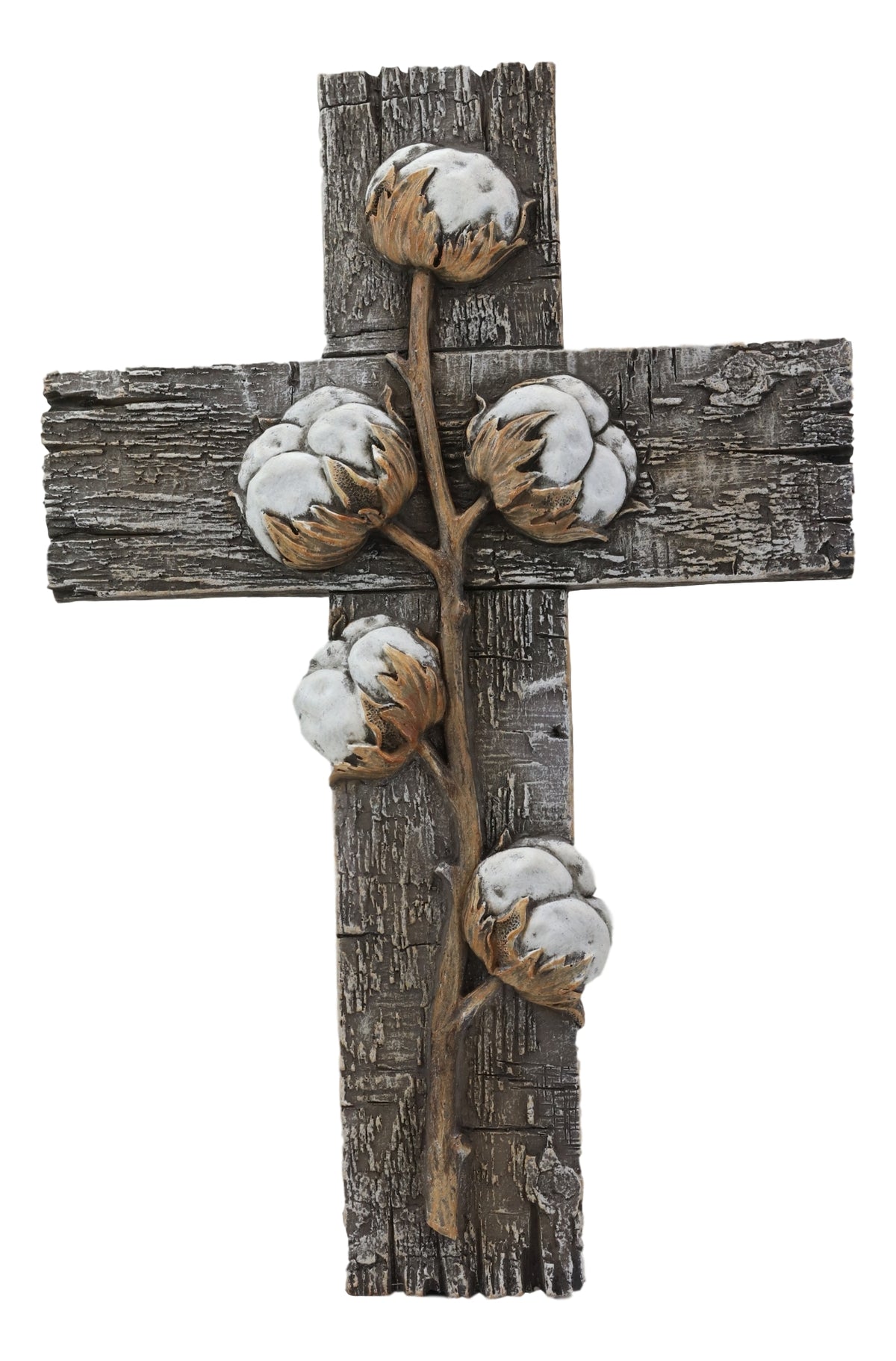 Rustic Farmhouse Cotton Stem And Bolls Crucifix Wall Cross In Rugged Wood Finish