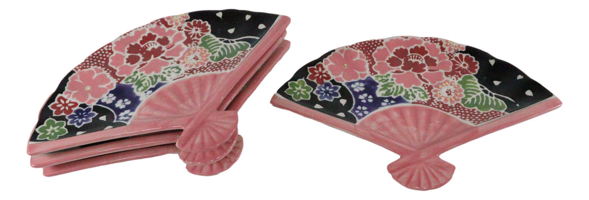 Ebros Set Of 4 Pink Floral Blossoms Oriental Fan Shaped Appetizer Sushi Dessert Plates
