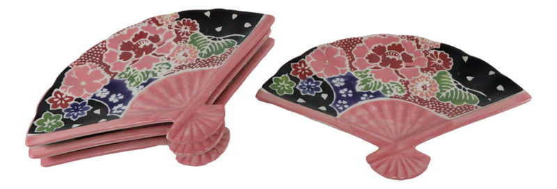 Ebros Set Of 4 Pink Floral Blossoms Oriental Fan Shaped Appetizer Sushi Dessert Plates