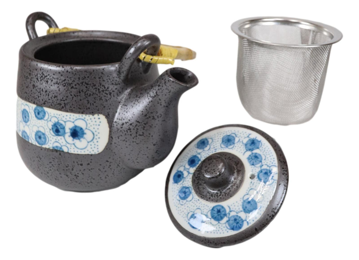 Ebros Japanese Design Cherry Petals Charcoal Grey Ceramic Tea Pot & Cups Set Serves 4