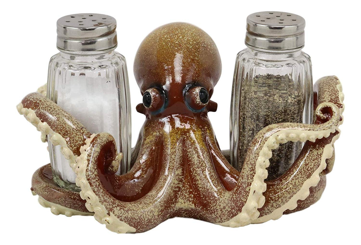Ebros Gift Nautical Coastal Marine Octopus Wrapping Tentacles Around Glass Salt And Pepper Shakers Holder Figurine Set 6.25" Wide Kitchen Dining Table Decor