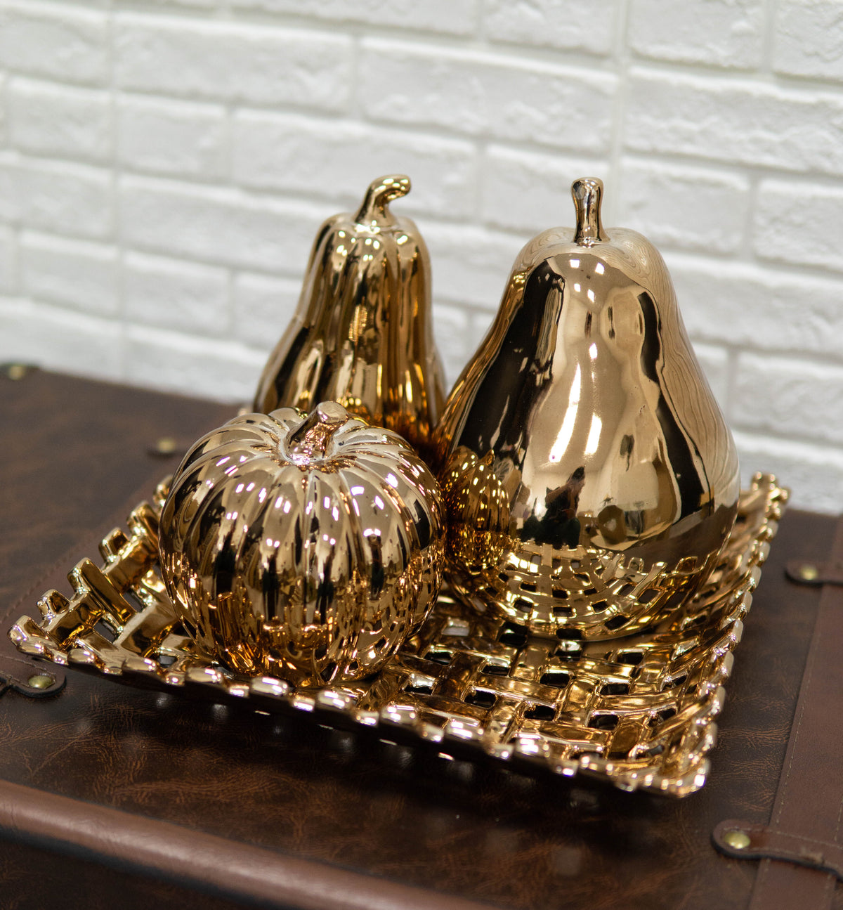 Glam Bronze Ceramic Decorative Fruit Assortment With Basket Tray Plate Accent