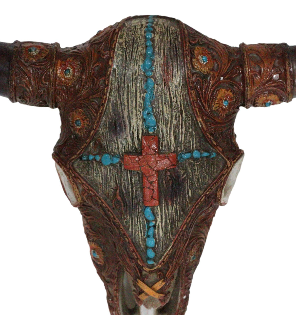 Western Turquoise Red Gems Cross Faux Leather And Wood Look Cow Skull Wall Decor