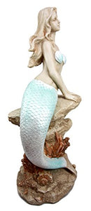 Ebros Gift Large Aquamarine Goddess Mermaid Maiden Sitting On Sea Rock Figurine 17.75"H