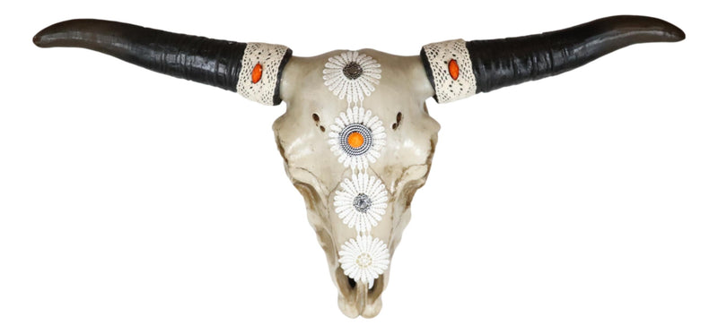 19"L Large Country Western Steer Cow Skull With White Flowers Tribal Wall Decor