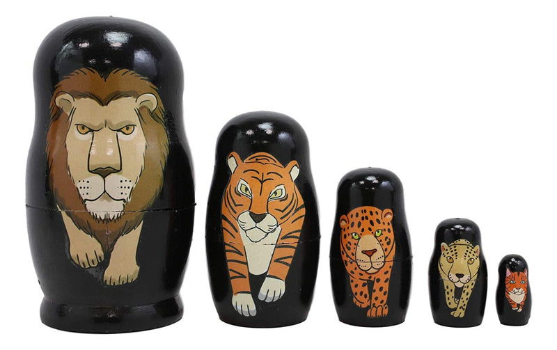Ebros Gift Black Safari Jungle Animals Cats Lion Tiger Cheetah Jaguar Tabby Cat Wooden Toy Stacking Nesting Dolls 5 Piece Set Hand Painted Wood Decorative Collectible Matryoshka Doll Toys
