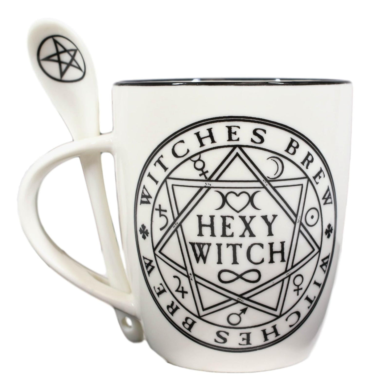 Magical Symbols Pentacles Witches Brew Hexy Witch Coffee Mug And Spoon Set - Ebros Gift