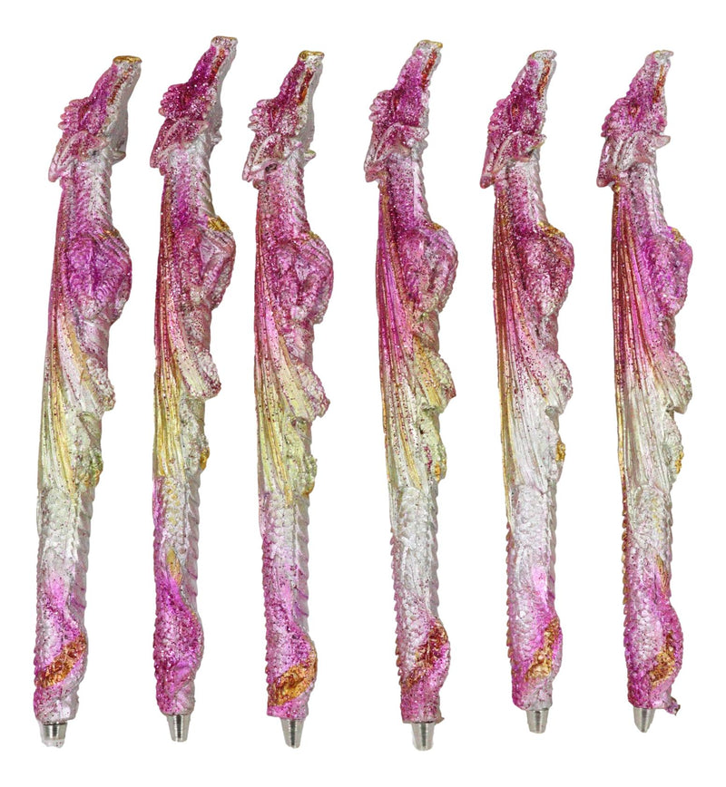 Pack Of 6 Fire Ink Glittered Metallic Pink And Gold Spirit Dragon Pen Figurines
