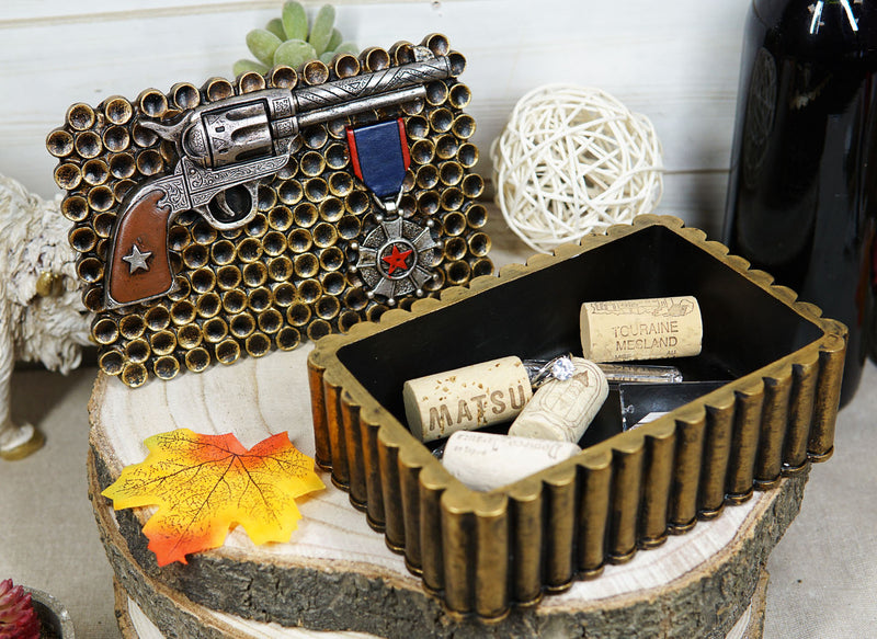Western Six Shooter Pistol Ammo Shells Gold Tone Bullets Decorative Box 7"L