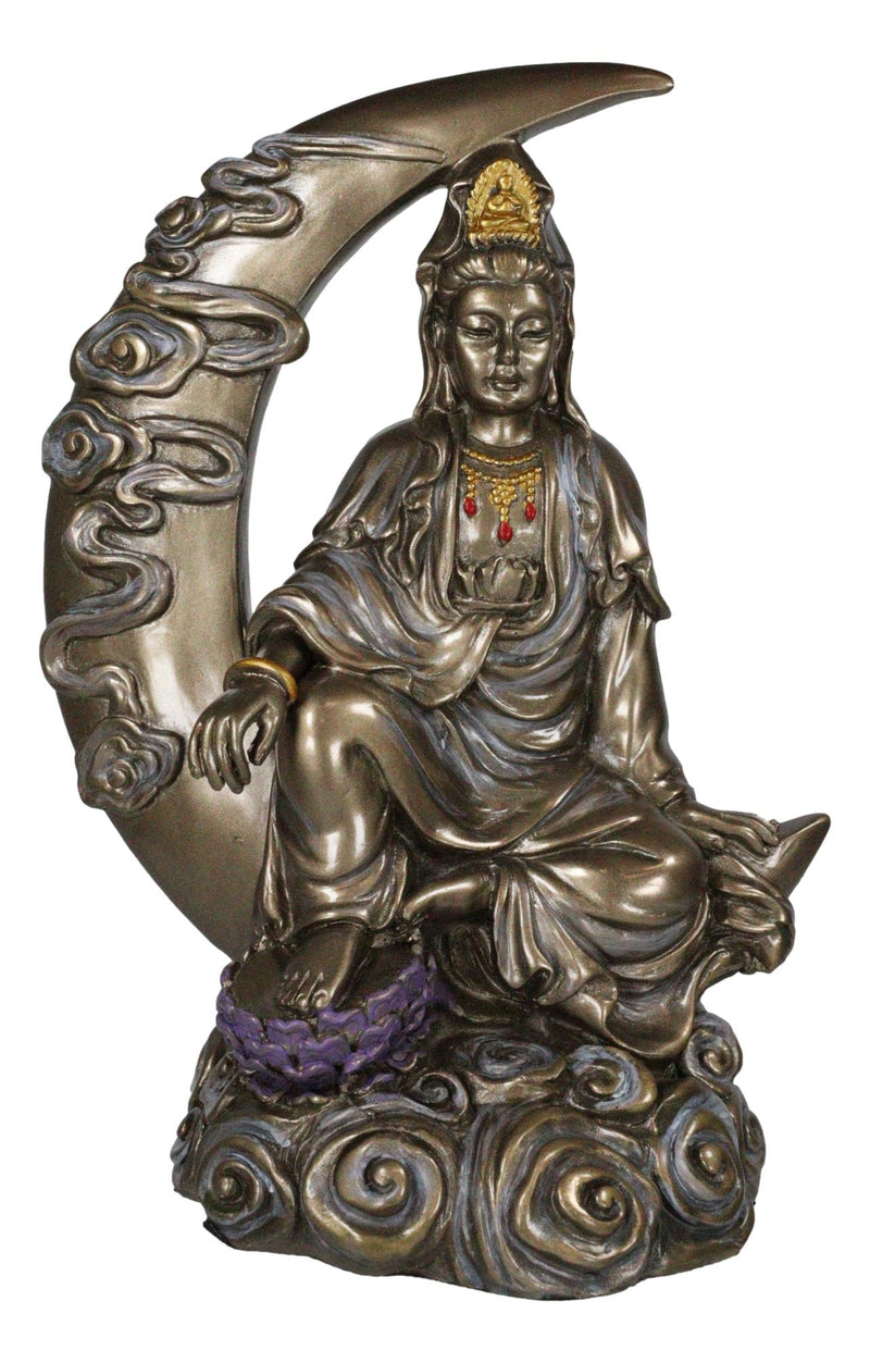 Water Moon Kuan Yin Sitting On Crescent Moon Decorative Figurine 8"H Guanyin