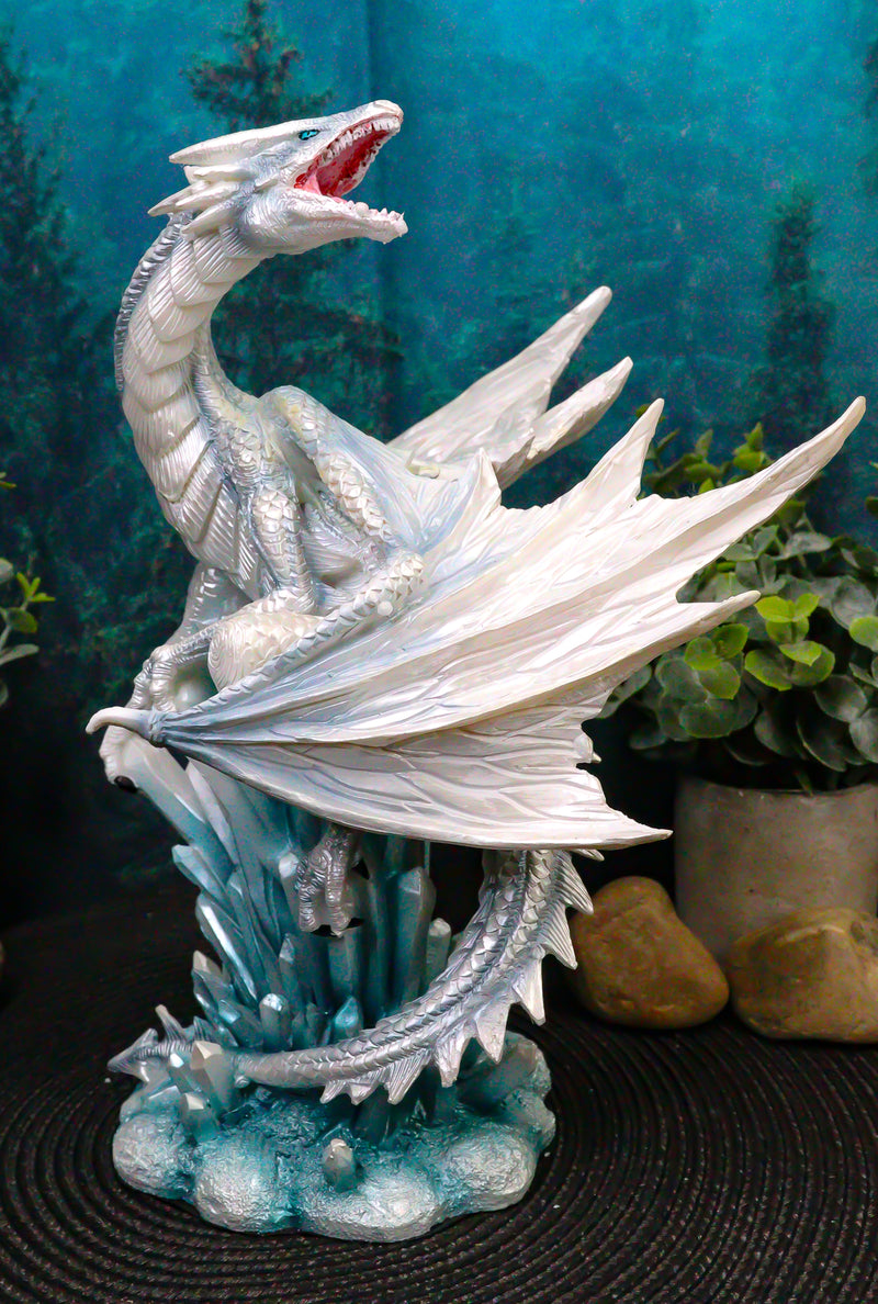 Ebros White Arctic Snow Winter Dragon On Giant Crystal Ice Rocks Statue Frozen Realm