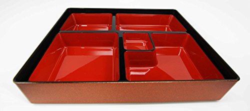 Ebros Gift Japanese 5 Compartments Bento Box Lacquered Plastic Serving Platter Gold