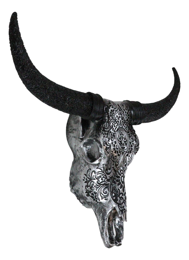 Western Floral Tribal Tattoo Tooled Bison Bull Cow Skull Wall Decor Plaque