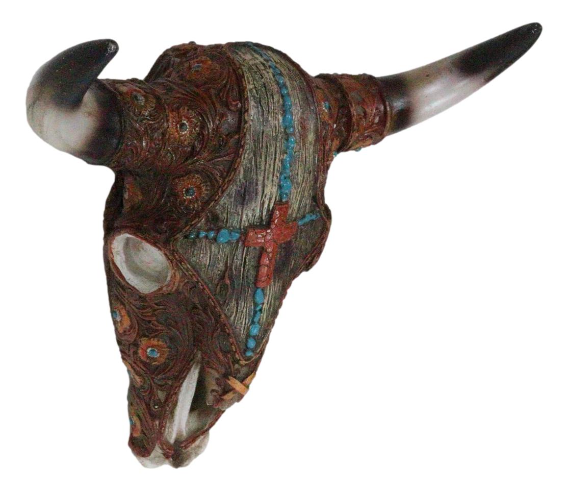 Western Turquoise Red Gems Cross Faux Leather And Wood Look Cow Skull Wall Decor