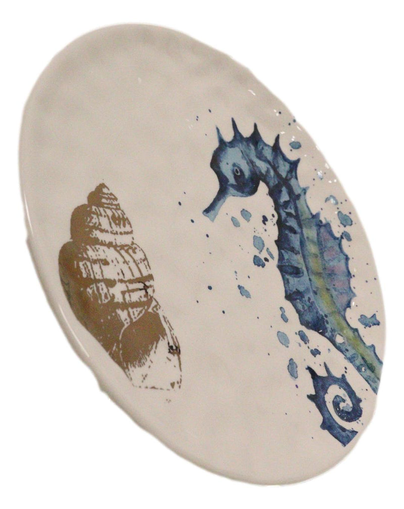 Pack Of 2 Nautical Marine Blue And White Seahorse Ceramic Wall Decor Plates