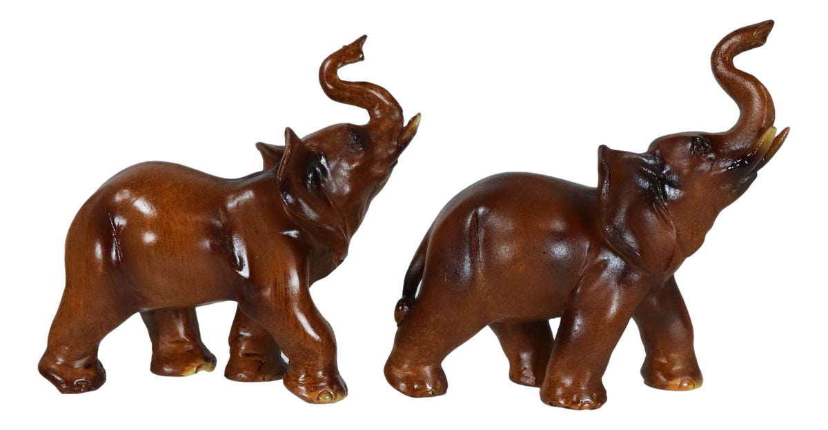 Ebros Faux Wood Feng Shui Elephant with Trunk Up Statue Set of 2 Thai Buddhism - Ebros Gift