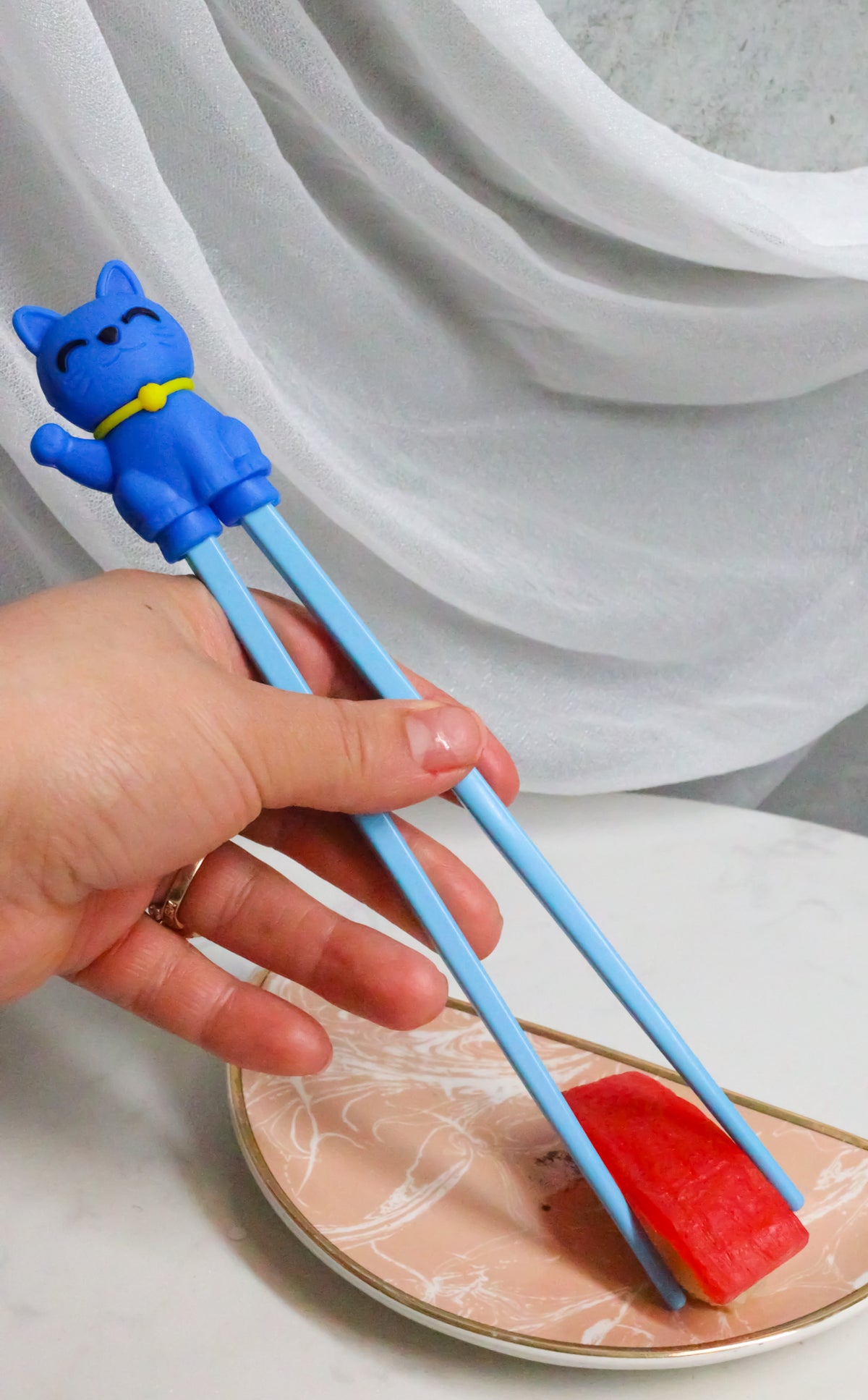 Ebros Blue Maneki Neko Cat Reusable Training Chopsticks Set With Silicone Helper - Ebros Gift