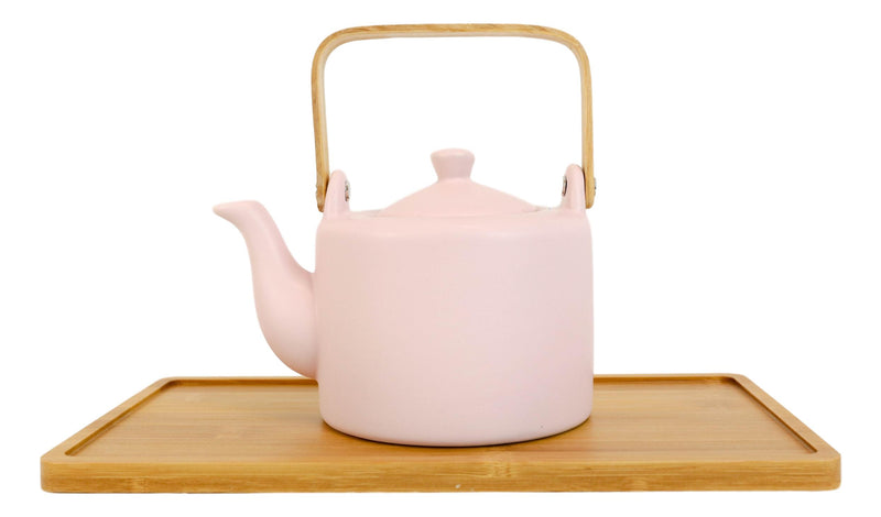 Matte Pink Modern Ceramic 28oz Tea Pot With 4 Cups And Bamboo Serving Tray Set