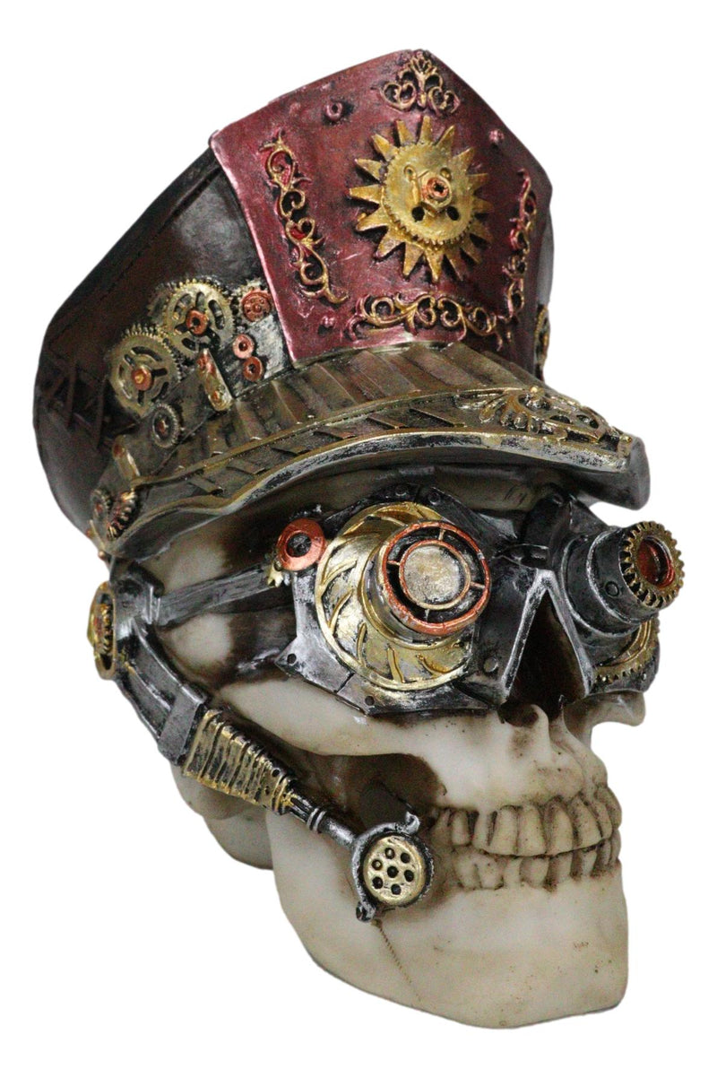 Steampunk Cyborg Police Inspector Officer Skull With Hat Geared Goggles Figurine