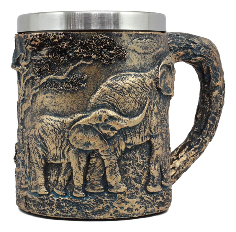 Ebros Safari Elephant& Calf Family Coffee Mug Textured Rustic Tree Bark Design