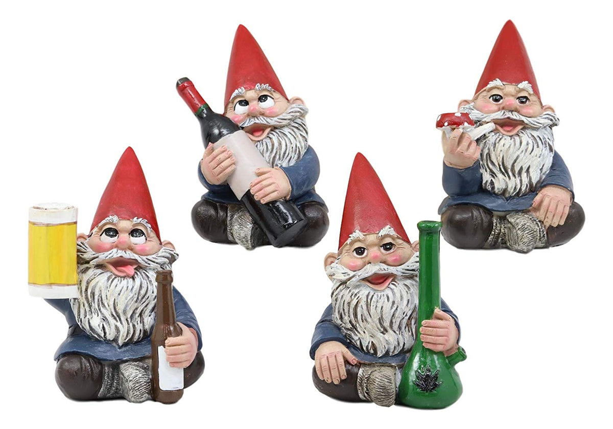 Ebros Happy Times Drunk and High Gnome Figurines Collectible Set of 4 Whimsical Dwarf Gnomes Home Shelf Decors Miniature Statues 3.5" Tall Party Celebration of Wine Beer Weed Bong Magic Mushroom - Ebros Gift