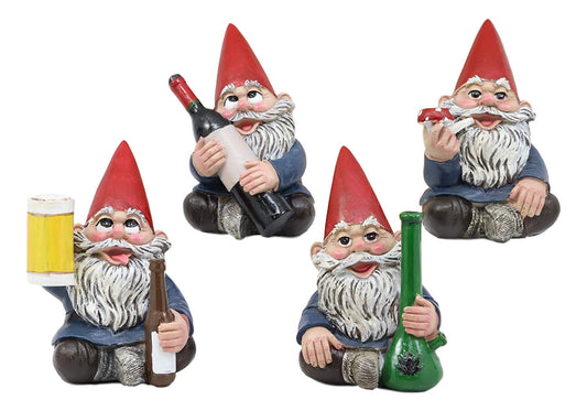 Ebros Happy Times Drunk and High Gnome Figurines Collectible Set of 4 Whimsical Dwarf Gnomes Home Shelf Decors Miniature Statues 3.5" Tall Party Celebration of Wine Beer Weed Bong Magic Mushroom - Ebros Gift