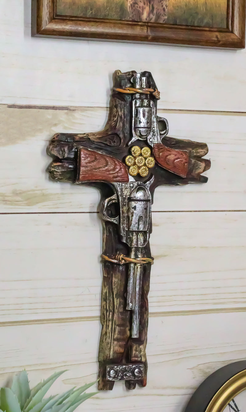 Rustic Western Cowboy Pistol Revolver Guns Bullet Shells Decorative Wall Cross