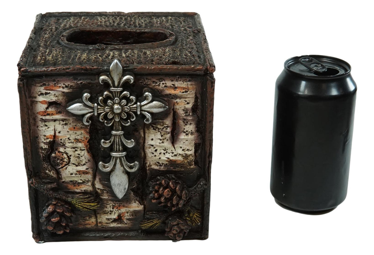 Rustic Southwestern Le Fleur Cross W/ Birch And Pinecones Tissue Box Holder Case - Ebros Gift