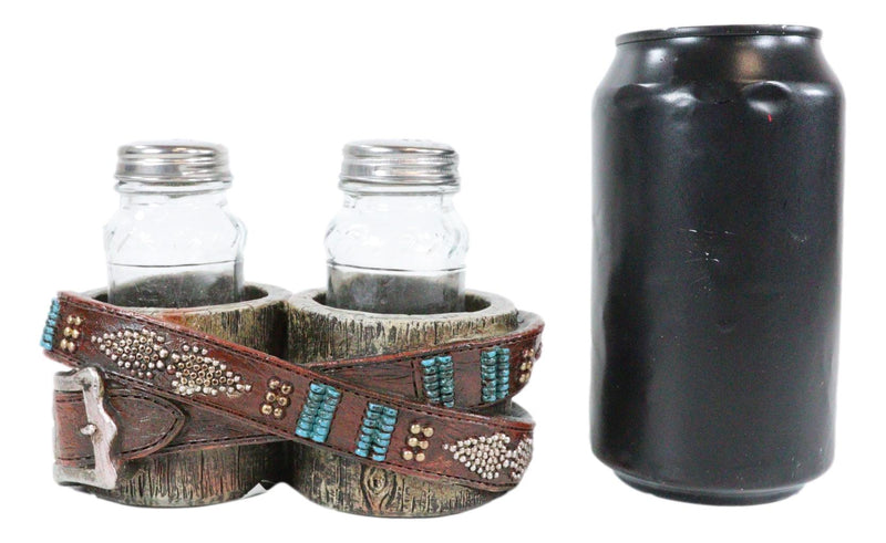 Rustic Western Cowboy Faux Leather Belt On Wood Salt Pepper Shakers Holder