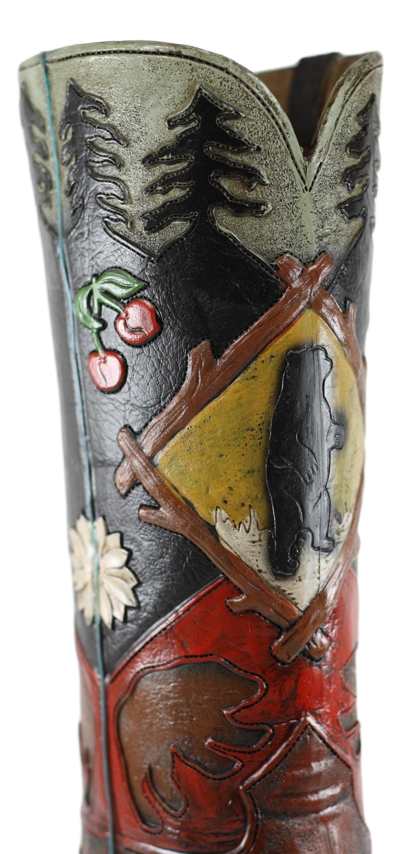 Rustic Country Black Bear Pine Trees Cherries Cowboy Boot Vase Planter Figurine