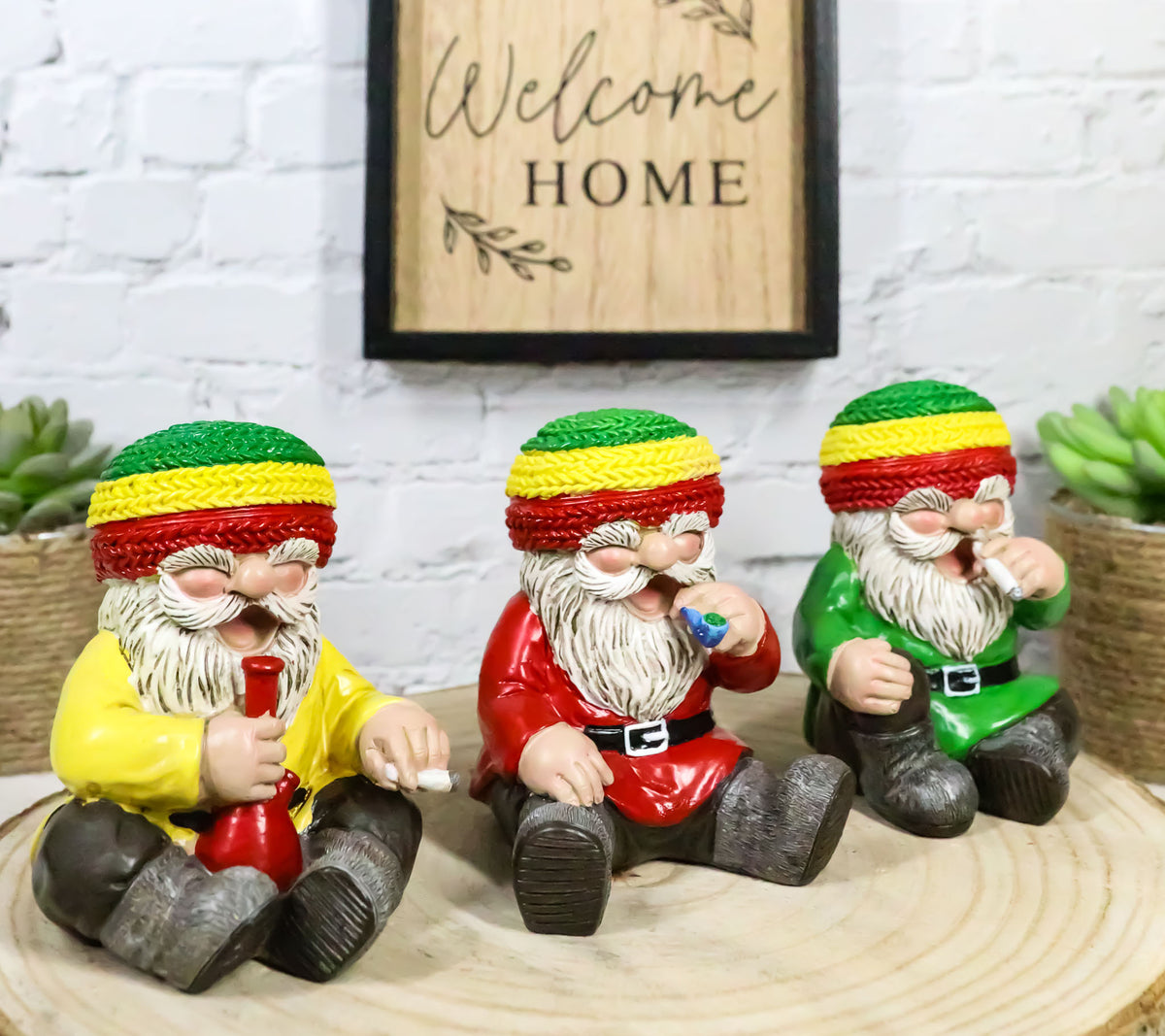 Whimsical Party All Day All Night Smoking Hippie Rasta Gnomes Figurines Set Of 3