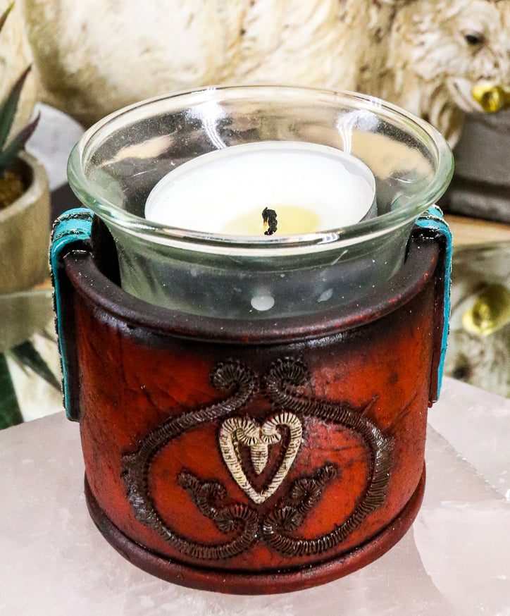 Set Of 2 Western Cowgirl Love Heart Scrollwork Faux Leather Votive Candle Holder