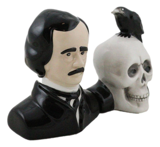 Ceramic Edgar Allen Poe And Nevermore Raven On Skull Salt And Pepper Shakers Set - Ebros Gift