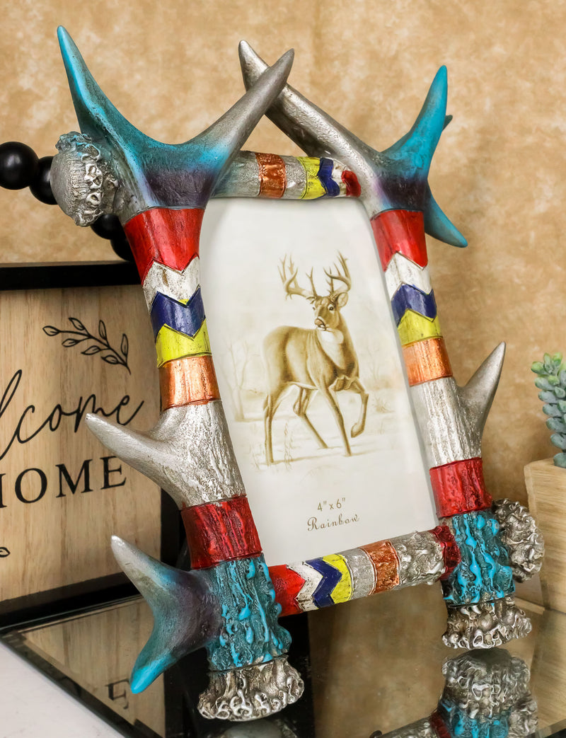 Colorful Boho Southwest Rustic Buckhorn Stag Deer Antlers Picture Frame 4"X6"