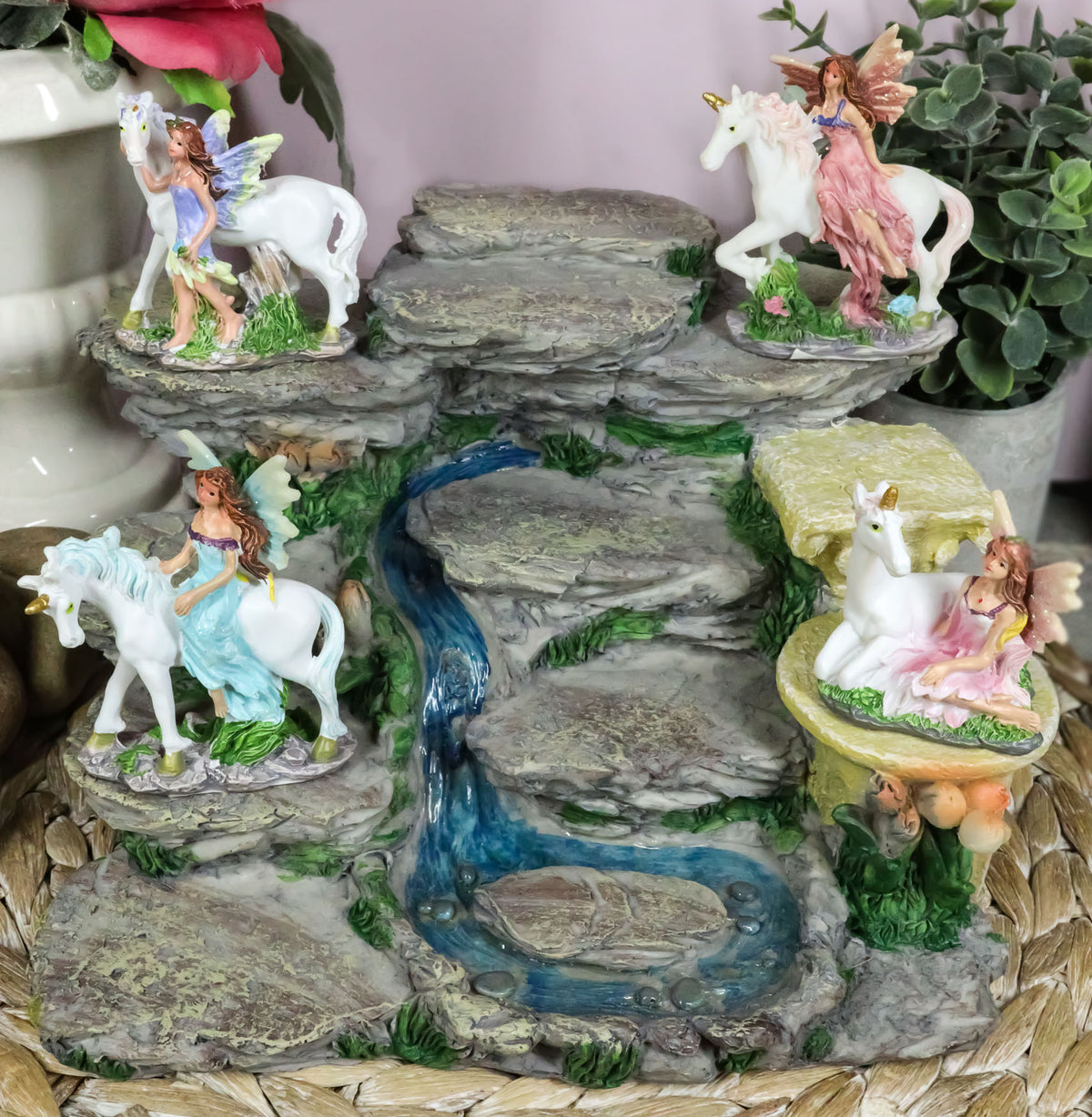 Miniature Fairies & Unicorns With Mountain Waterfall of Youth Display Figurine