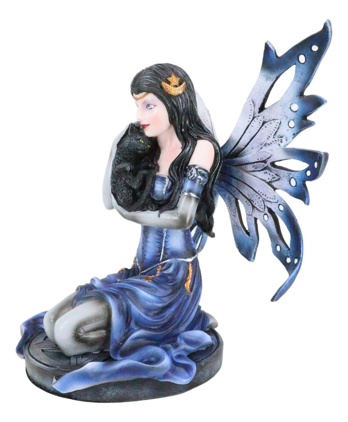 Ebros Blue Celestial Witch Fairy Cradling A Mystical Black Cat Statue 8.25" Tall