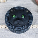 Ebros Celtic Pentagram Knotwork Black Cat With Rolling Green Eyes Round Decorative Box