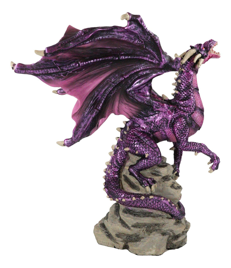 Fantasy Magenta Striped Behemoth Dragon Roaring On Volcanic Rock Mountain Statue