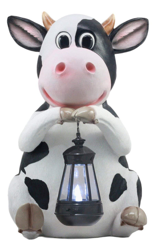 Ebros Country Farm Whimsical Holstein Cow Statue Holding Solar LED Lantern Light 14"H - Ebros Gift