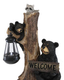 Ebros Forest Black Bear Mama And Cub With Raccoon Welcome Sign Solar LED Light Statue