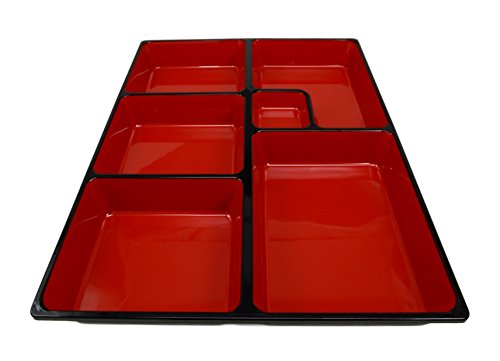 Ebros Gift Japanese 6 Compartments Bento Box Style Lacquered Plastic Serving or Display Platter Tray 11.5" by 9.25"